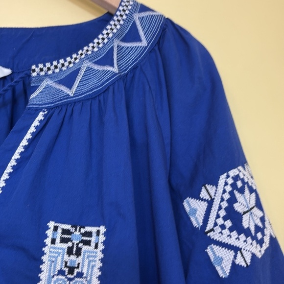Crown & Ivy | Blue Embroidered Split Neck Tassel Tie Long Sleeve Bohemian Top M - Picture 12 of 16